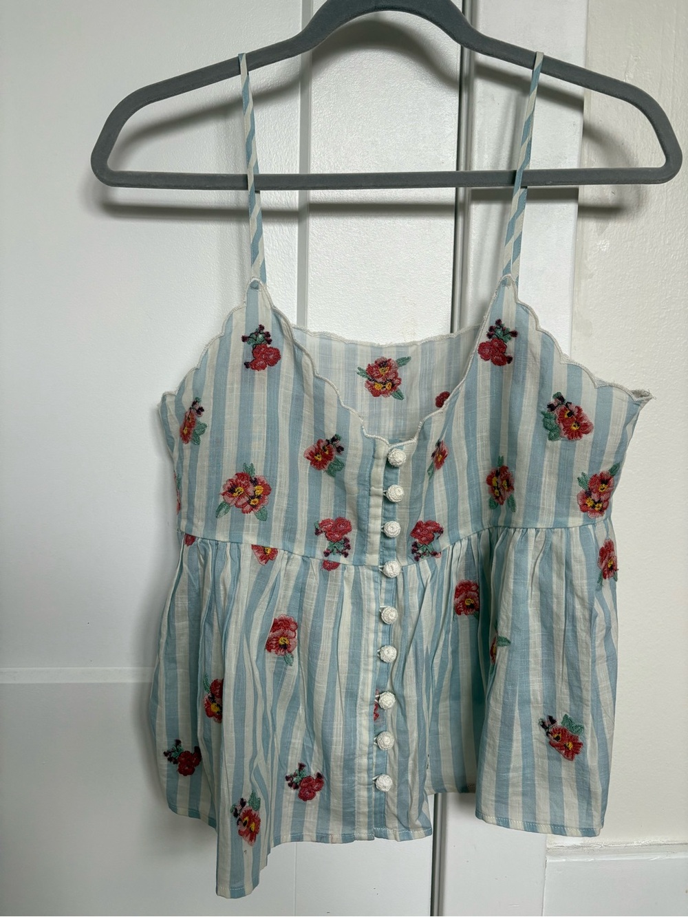 Sezane Blue and White Striped Floral Camisole